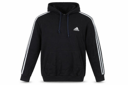 Front view of Adidas Men's Black Pullover Hoodie, size M, Sports Fleece