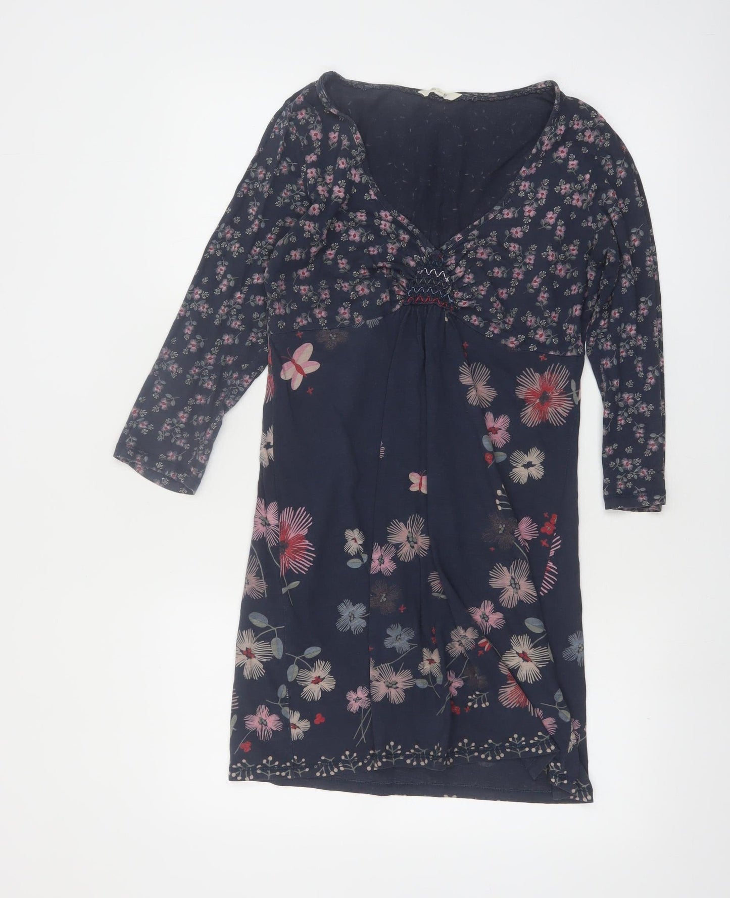White Stuff Women's Blue Floral Cotton V-Neck Knee Length Dress Size 12