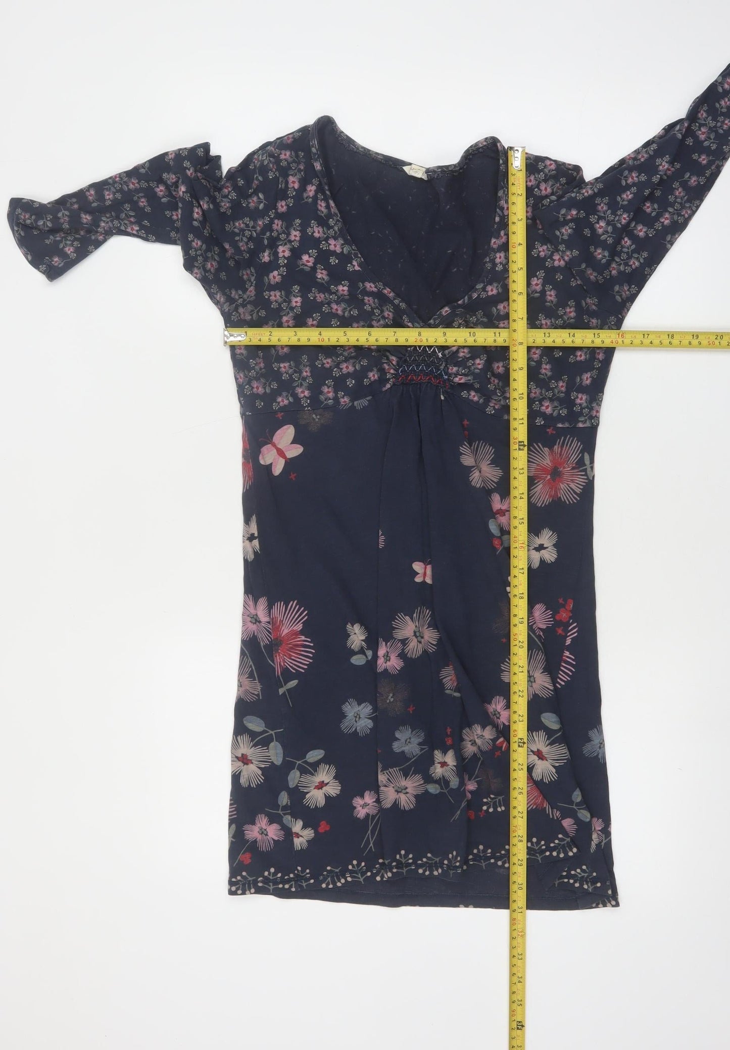 White Stuff Women's Blue Floral Cotton V-Neck Knee Length Dress Size 12