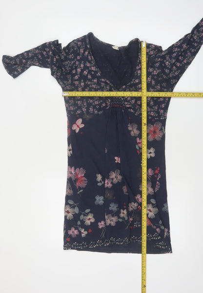 White Stuff Women's Blue Floral Cotton V-Neck Knee Length Dress Size 12