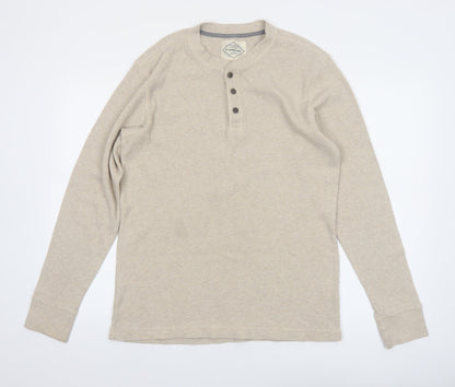 St John's Bay Men's Beige Henley Long Sleeve Cotton Top Size M