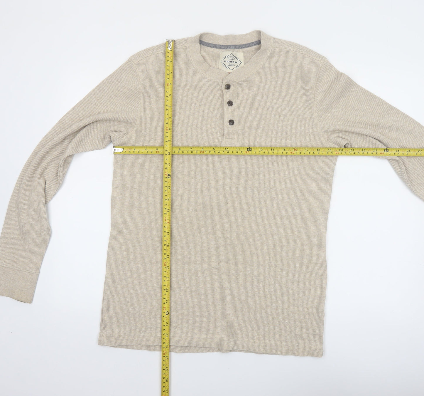 St John's Bay Men's Beige Henley Long Sleeve Cotton Top Size M