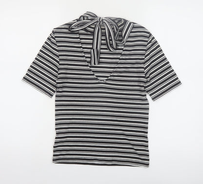 Marks and Spencer Women’s Black Striped High Neck Bow T-Shirt Size 10
