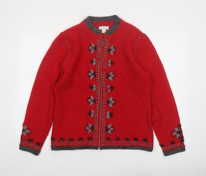 Christopher & Banks Women's Red Wool Blend Floral Zip Cardigan M