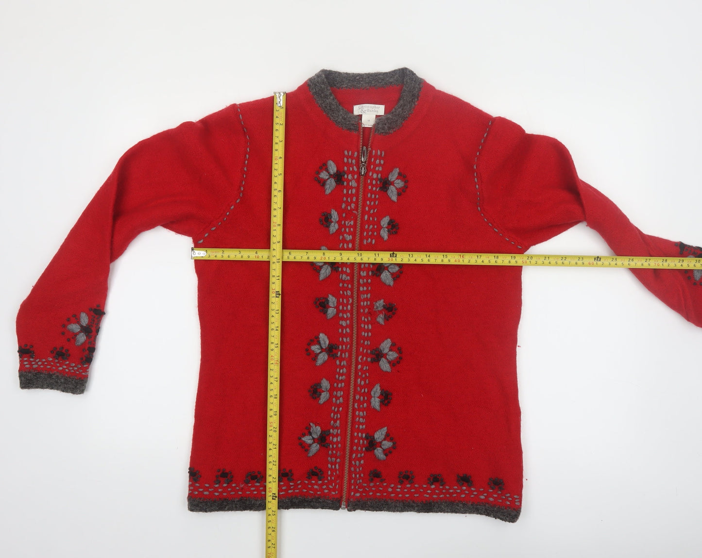 Christopher & Banks Women's Red Wool Blend Floral Zip Cardigan M