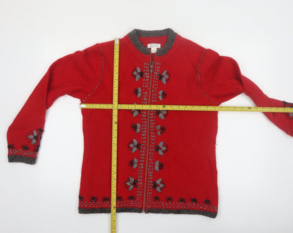 Christopher & Banks Women's Red Wool Blend Floral Zip Cardigan M