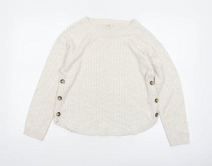 Fat Face Women Ivory Crew Neck Button Side Cable Knit Jumper Size 8