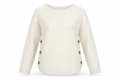 FatFace Women Ivory Crew Neck Button Side Cable Knit Jumper Size 8
