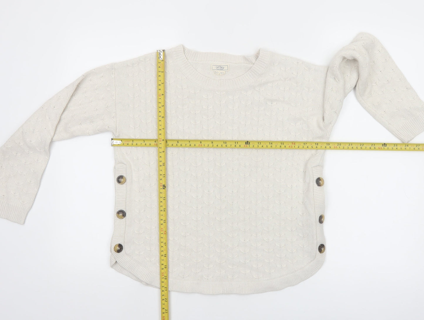 Fat Face Women Ivory Crew Neck Button Side Cable Knit Jumper Size 8