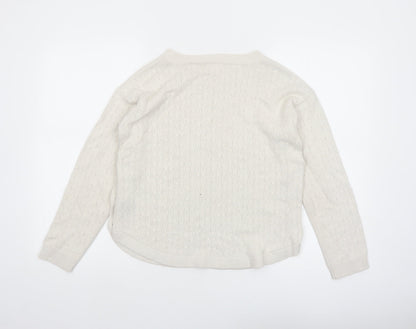 Fat Face Women Ivory Crew Neck Button Side Cable Knit Jumper Size 8