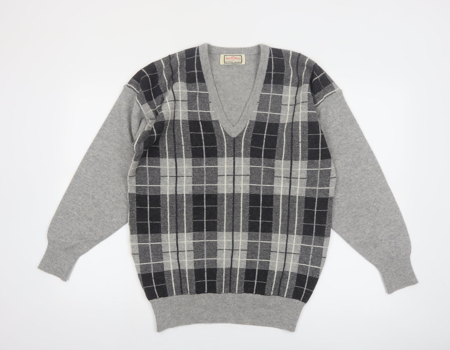 Alan Paine Men Grey Wool Check V-Neck Pullover Jumper M