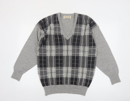 Alan Paine Men Grey Wool Check V-Neck Pullover Jumper M