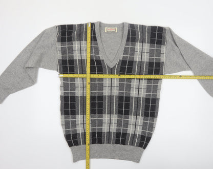 Alan Paine Men Grey Wool Check V-Neck Pullover Jumper M