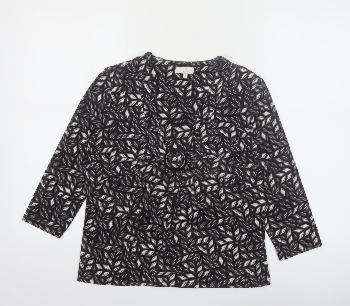 CC Petite Women's Black Geometric Tunic Blouse Size 8 with Buckle Detail