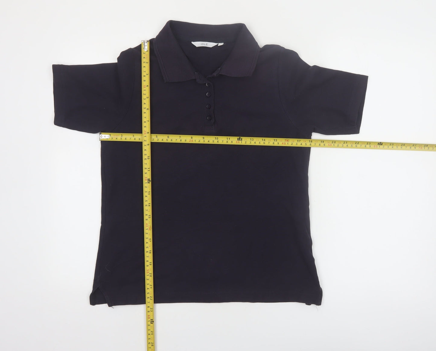 Isle Womens Black Cotton Polo Shirt Size S 10-12 Short Sleeve
