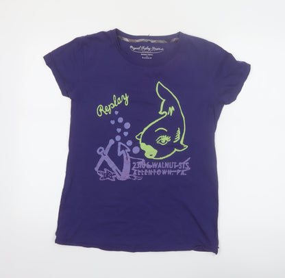 Replay Womens Purple Graphic T-Shirt Large Short Sleeve Cotton