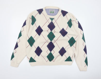 Siegfried Men Beige Argyle Cotton Pullover Jumper M Classic Retro Knit