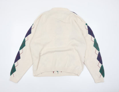 Siegfried Men Beige Argyle Cotton Pullover Jumper M Classic Retro Knit