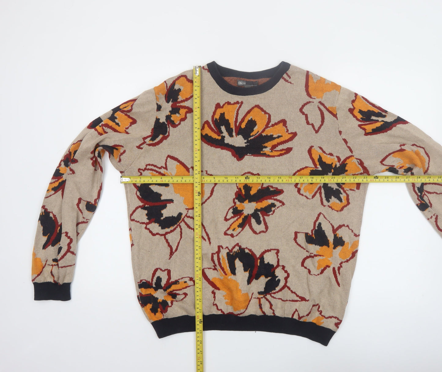 ASOS Women’s Beige Floral Cotton Jumper Size L Crew Neck Knit