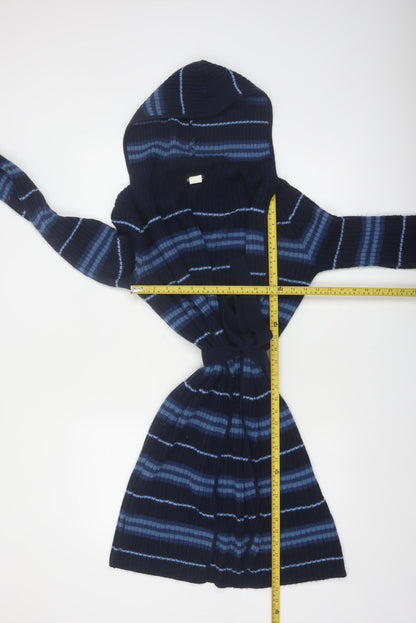 Coolwear Women Navy Blue Hooded Belted Cardigan Small Striped Knit