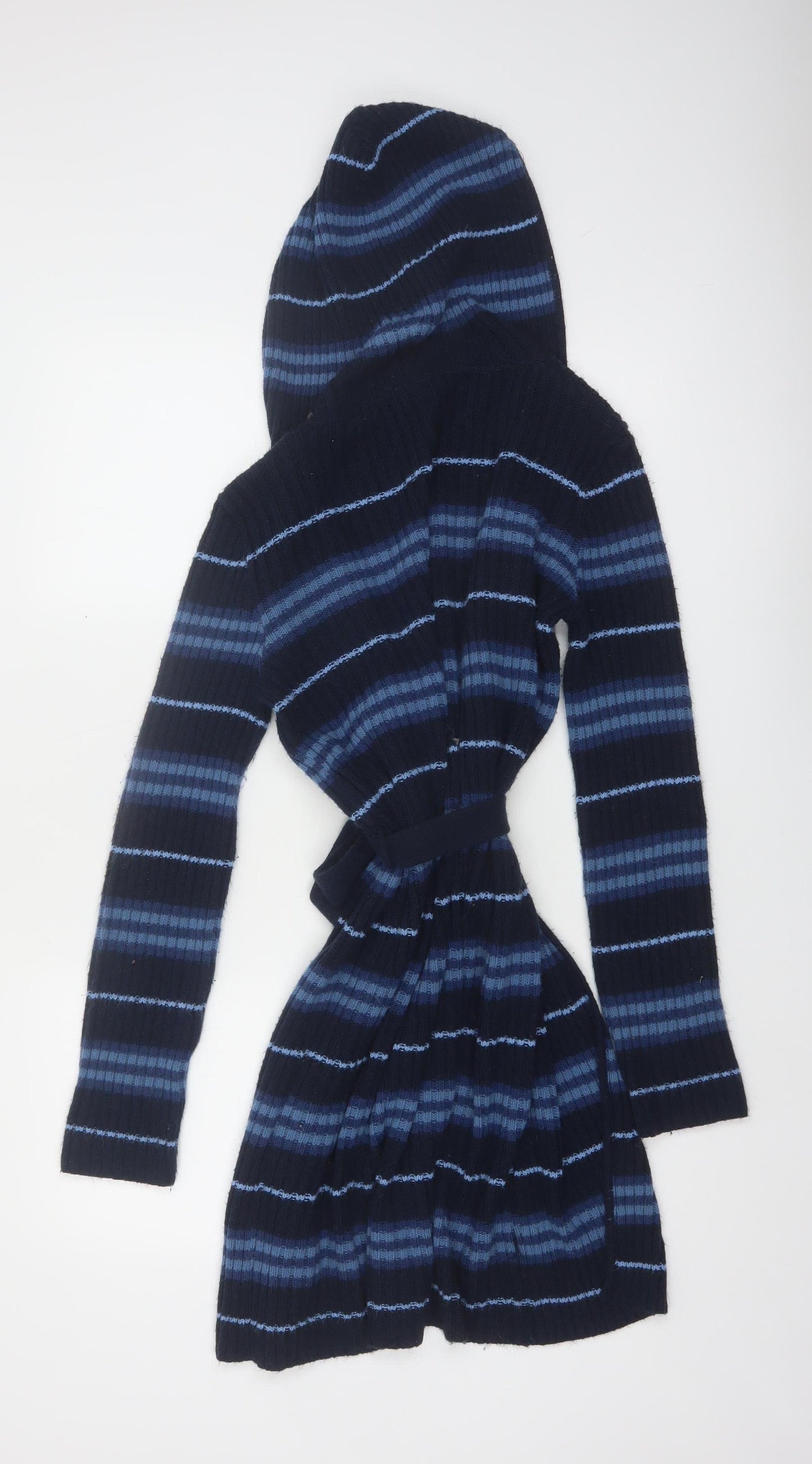 Coolwear Women Navy Blue Hooded Belted Cardigan Small Striped Knit