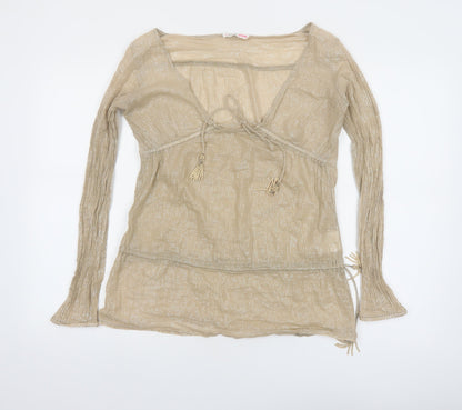 Pink Soda Women Beige Long Sleeve Tassel Tie Tunic Blouse Size 10