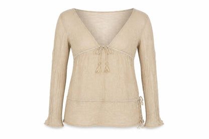 Pink Soda Women Beige Long Sleeve Tassel Tie Tunic Blouse Size 10