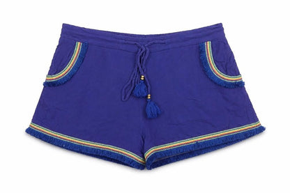 Boohoo Women's Blue Fringe Tassel Boho Drawstring Viscose Shorts UK 12