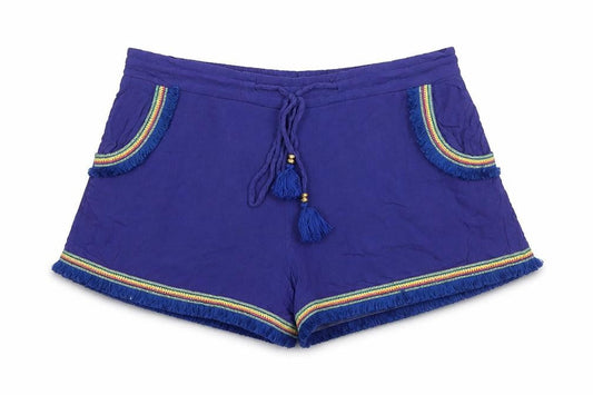 Boohoo Women's Blue Fringe Tassel Boho Drawstring Viscose Shorts UK 12