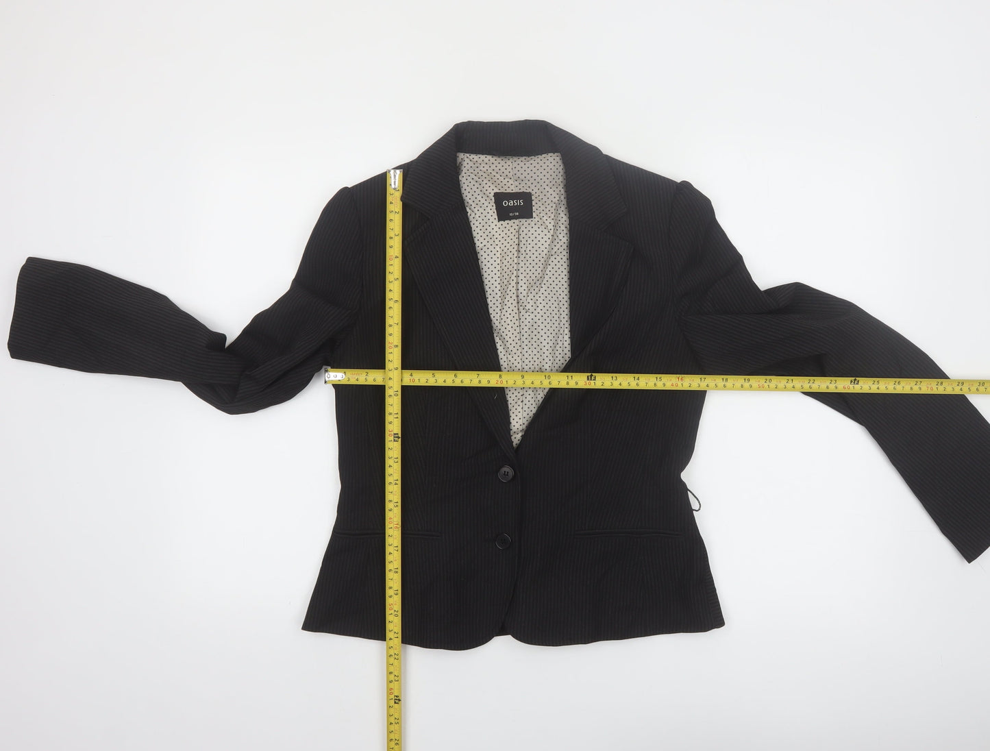 Oasis Women Black Pinstripe Suit Jacket Size 12 Classic Fit