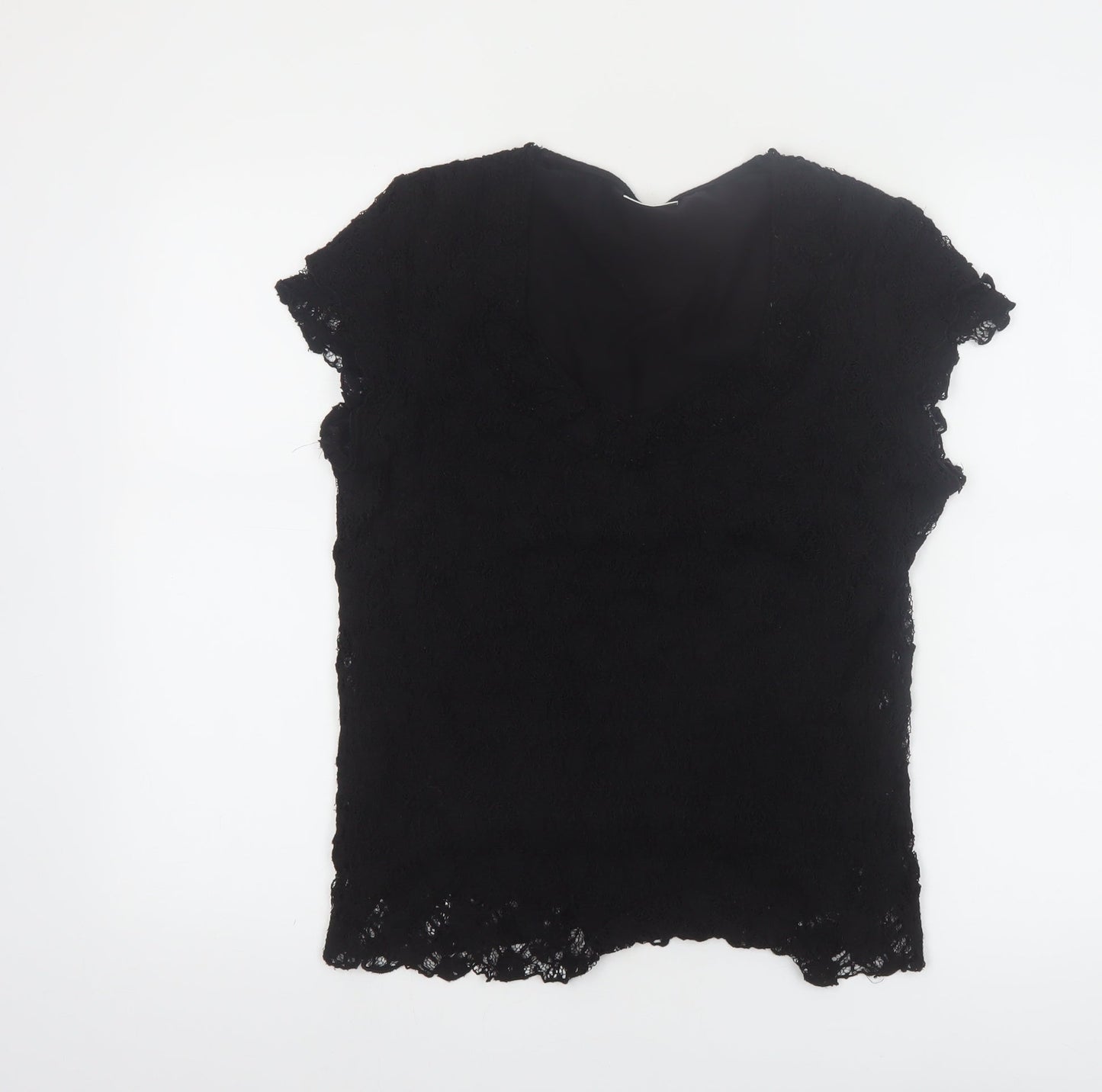 Roman Originals Women Black Lace V-Neck Short Sleeve Blouse M