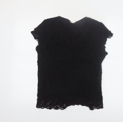 Roman Originals Women Black Lace V-Neck Short Sleeve Blouse M