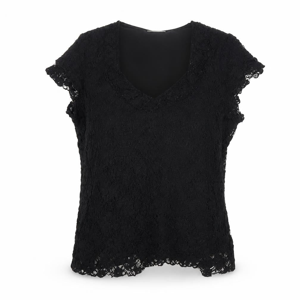 Front view of Roman Originals Women Black Lace V-Neck Short Sleeve Blouse M