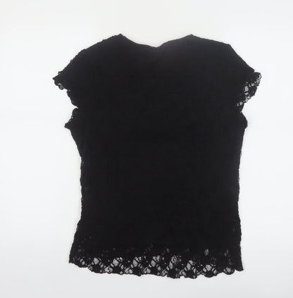 Roman Originals Women Black Lace V-Neck Short Sleeve Blouse M