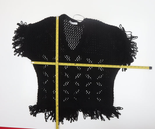 Zara Women Black Open-Knit Fringe Pullover Jumper Size 12