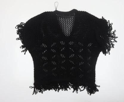 Zara Women Black Open-Knit Fringe Pullover Jumper Size 12