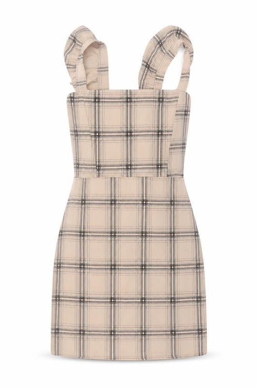 Front view of I Saw It First Women's Beige Check Pinafore Dress, size 10