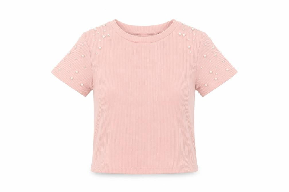 H&M Divided Women Pink Pearl Beaded Short Sleeve Knit T-Shirt XS