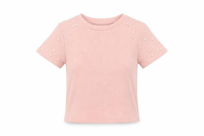 H&M Divided Women Pink Pearl Beaded Short Sleeve Knit T-Shirt XS