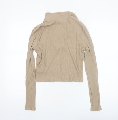 H&M Women Beige Collared Ribbed Cropped Long Sleeve Top Size 12