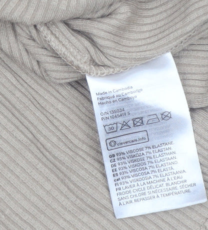 H&M Women Beige Collared Ribbed Cropped Long Sleeve Top Size 12