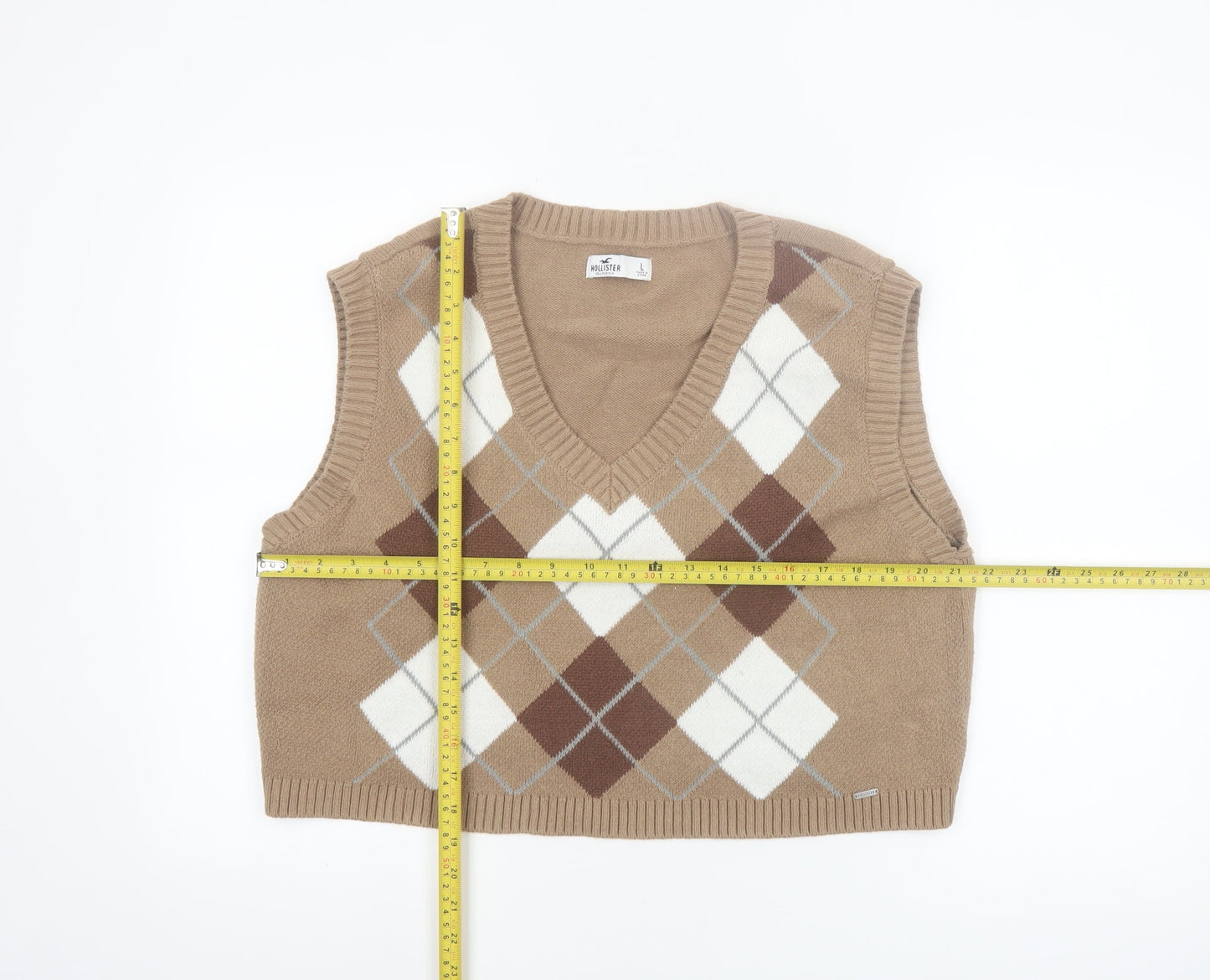 Hollister Womens Beige Argyle V-Neck Knit Sleeveless Vest L