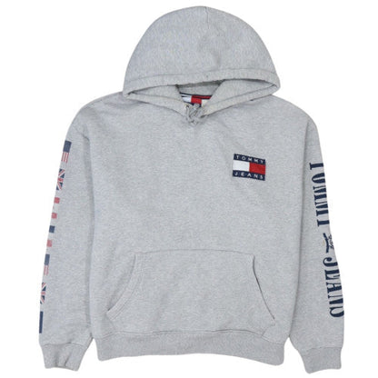 Tommy Jeans Women Grey Hooded Pullover Sweatshirt Size L Casual Logo Print