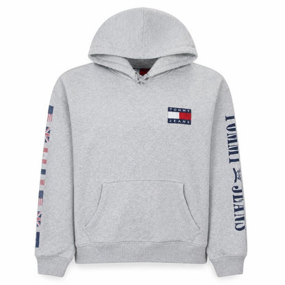 Tommy Jeans Women Grey Hooded Pullover Sweatshirt Size L Casual Logo Print