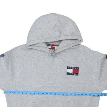 Tommy Jeans Women Grey Hooded Pullover Sweatshirt Size L Casual Logo Print