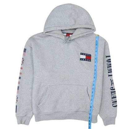 Tommy Jeans Women Grey Hooded Pullover Sweatshirt Size L Casual Logo Print
