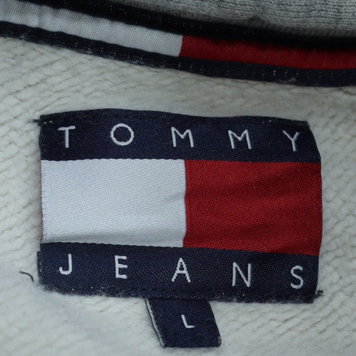 Tommy Jeans Women Grey Hooded Pullover Sweatshirt Size L Casual Logo Print