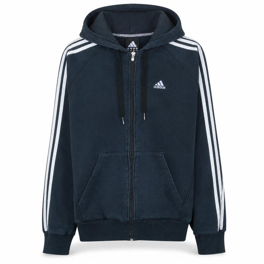 Front view of Adidas Men's Blue Full Zip Hoodie, size S, Sports Fleece Essentials