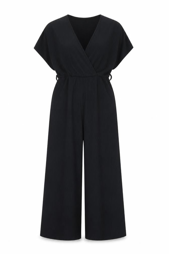 New Look Women Black Jumpsuit Size 10 V-Neck Wide-Leg Stretch