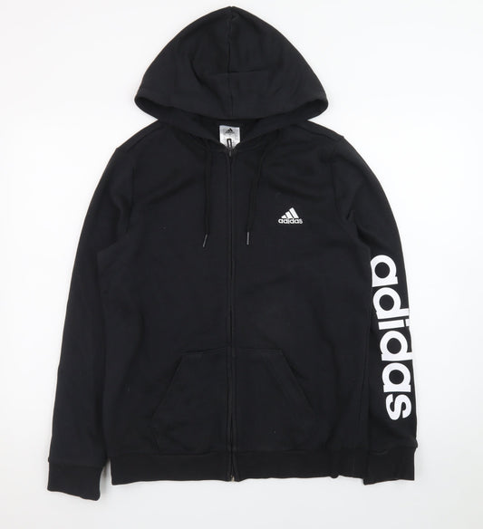 Adidas Womens Black Full Zip Hoodie Size L 16-18 Logo Sleeve Sweatshirt